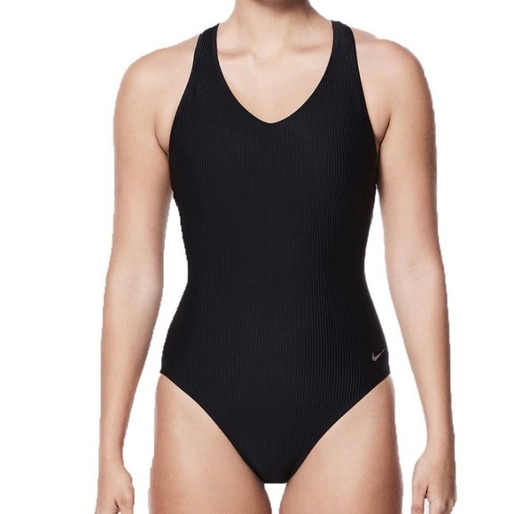 Nike Women's Rib Racerback One-Piece Black Textured swimsuit  size M - Picture 2 of 10